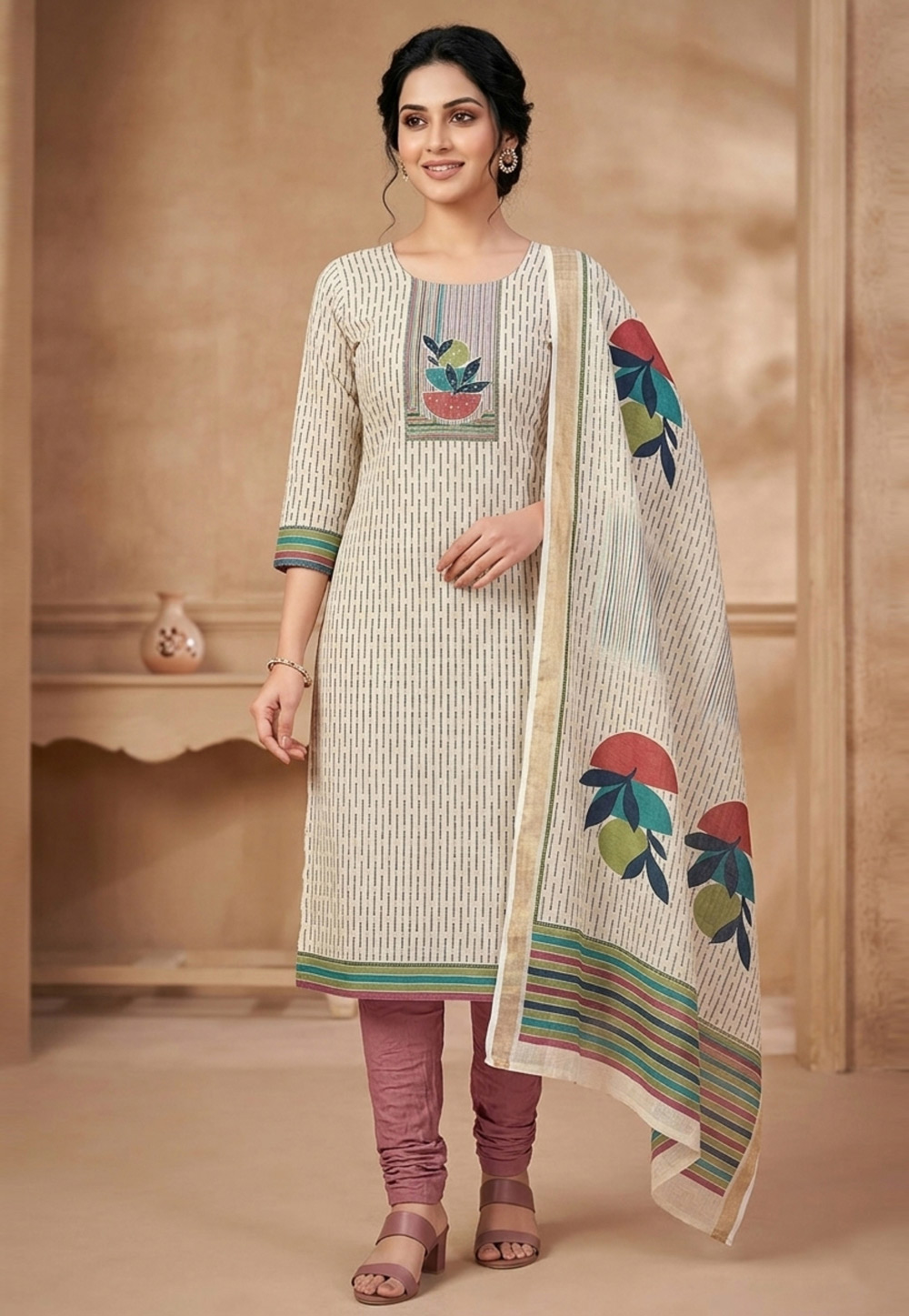 Cream Linen Churidar Suit 327666