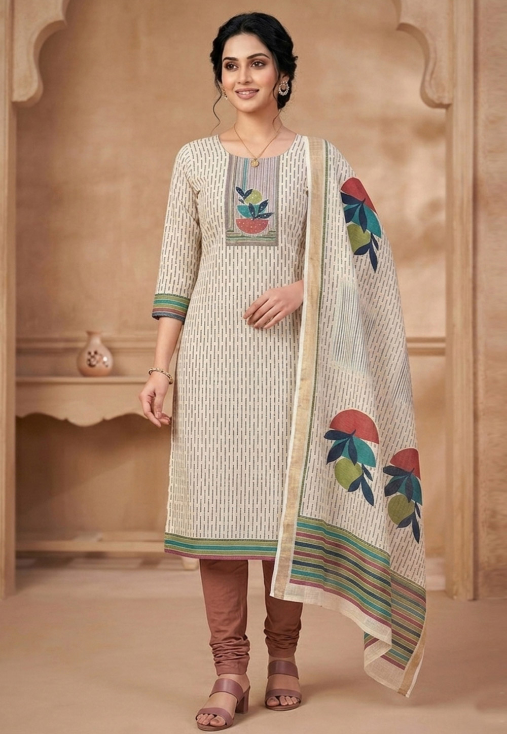 Cream Linen Churidar Suit 327667