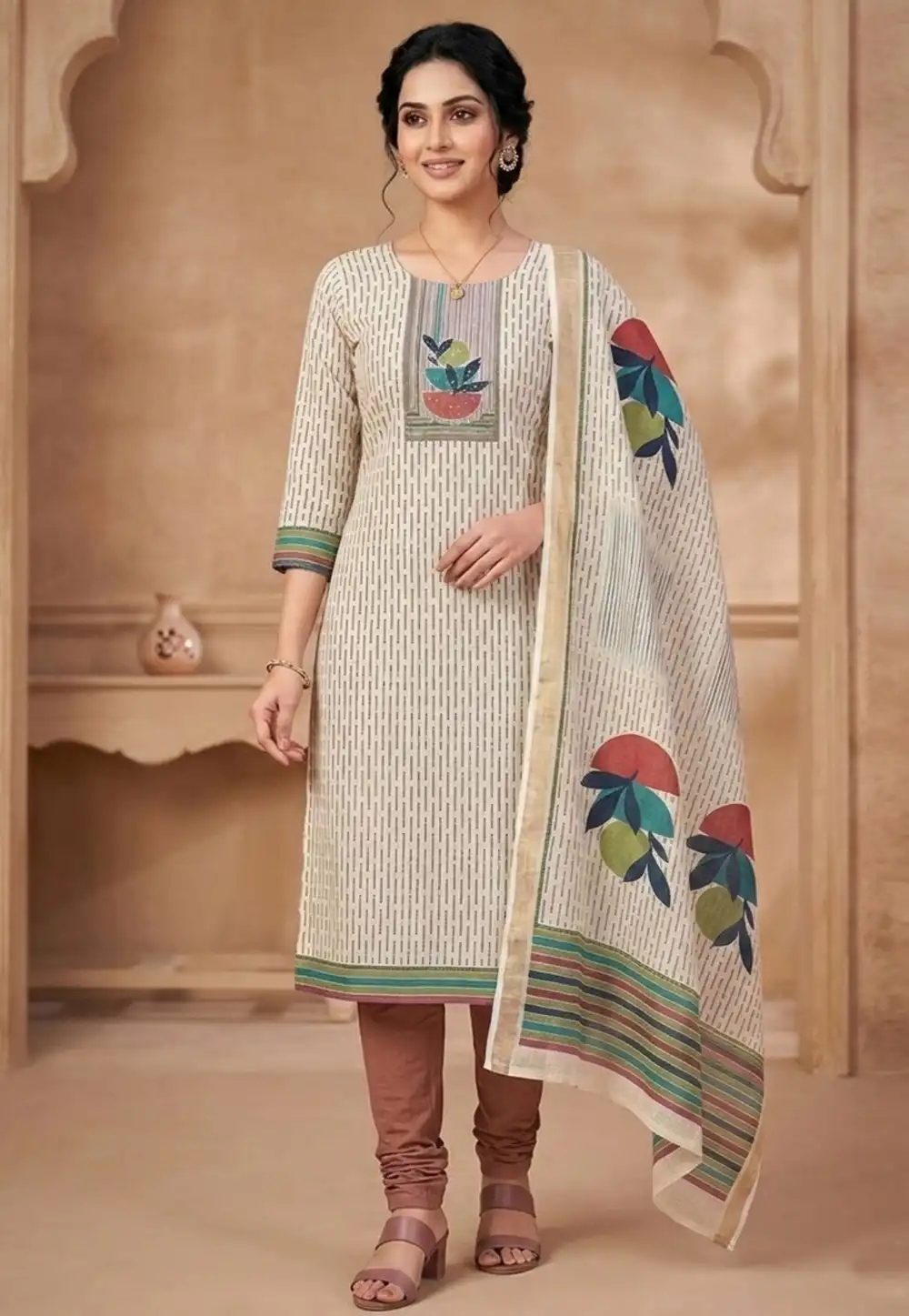 Cream Linen Churidar Suit 327667