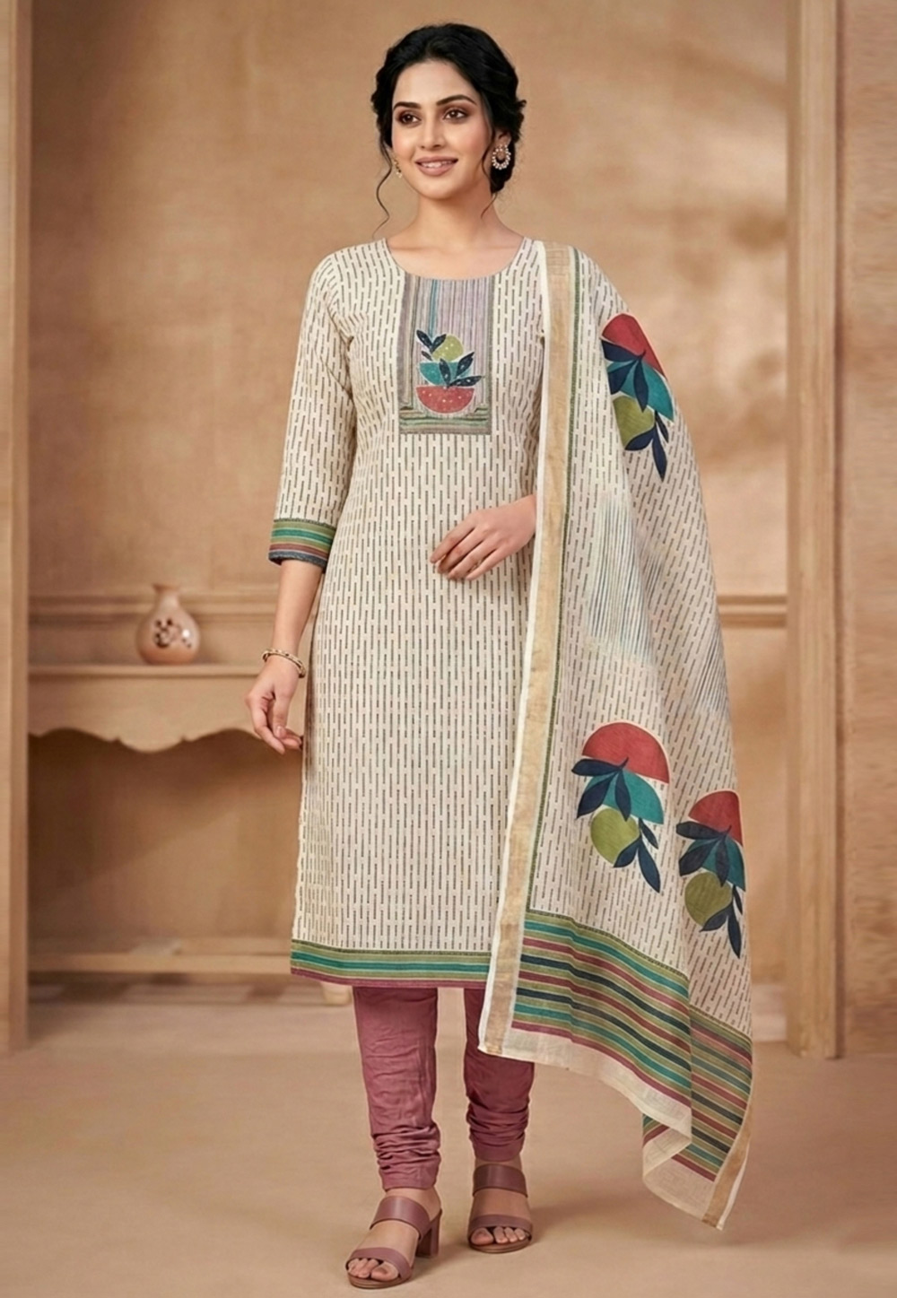 Cream Linen Churidar Suit 327669