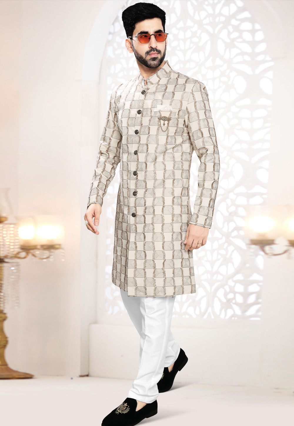 Cream Linen Indo Western Suit 306419