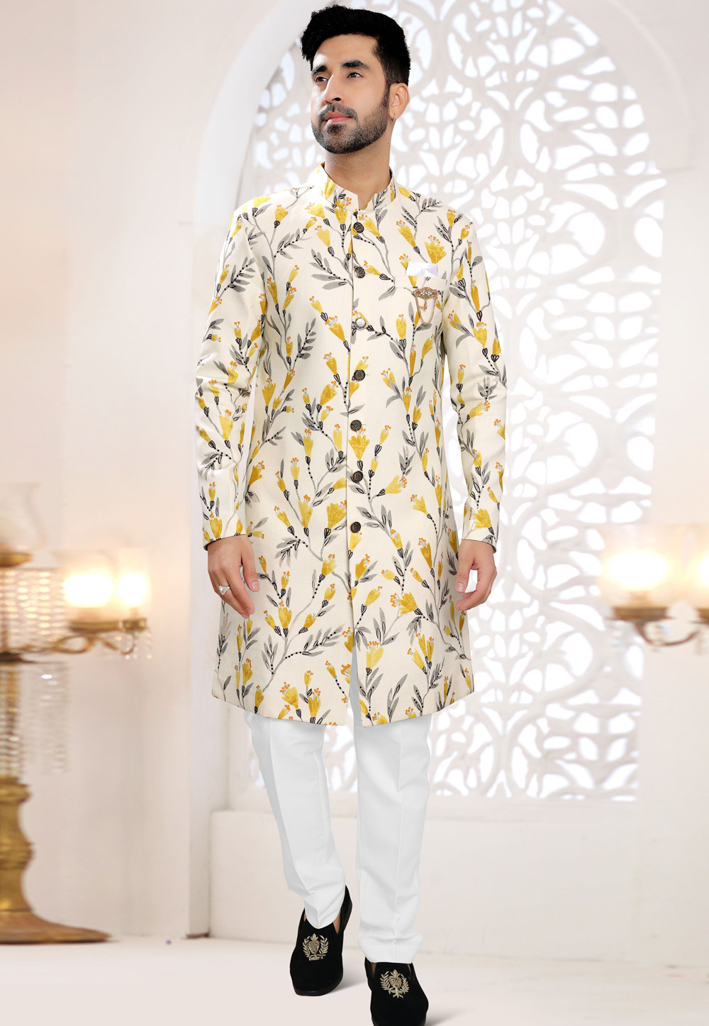 Cream Linen Indo Western Suit 306431