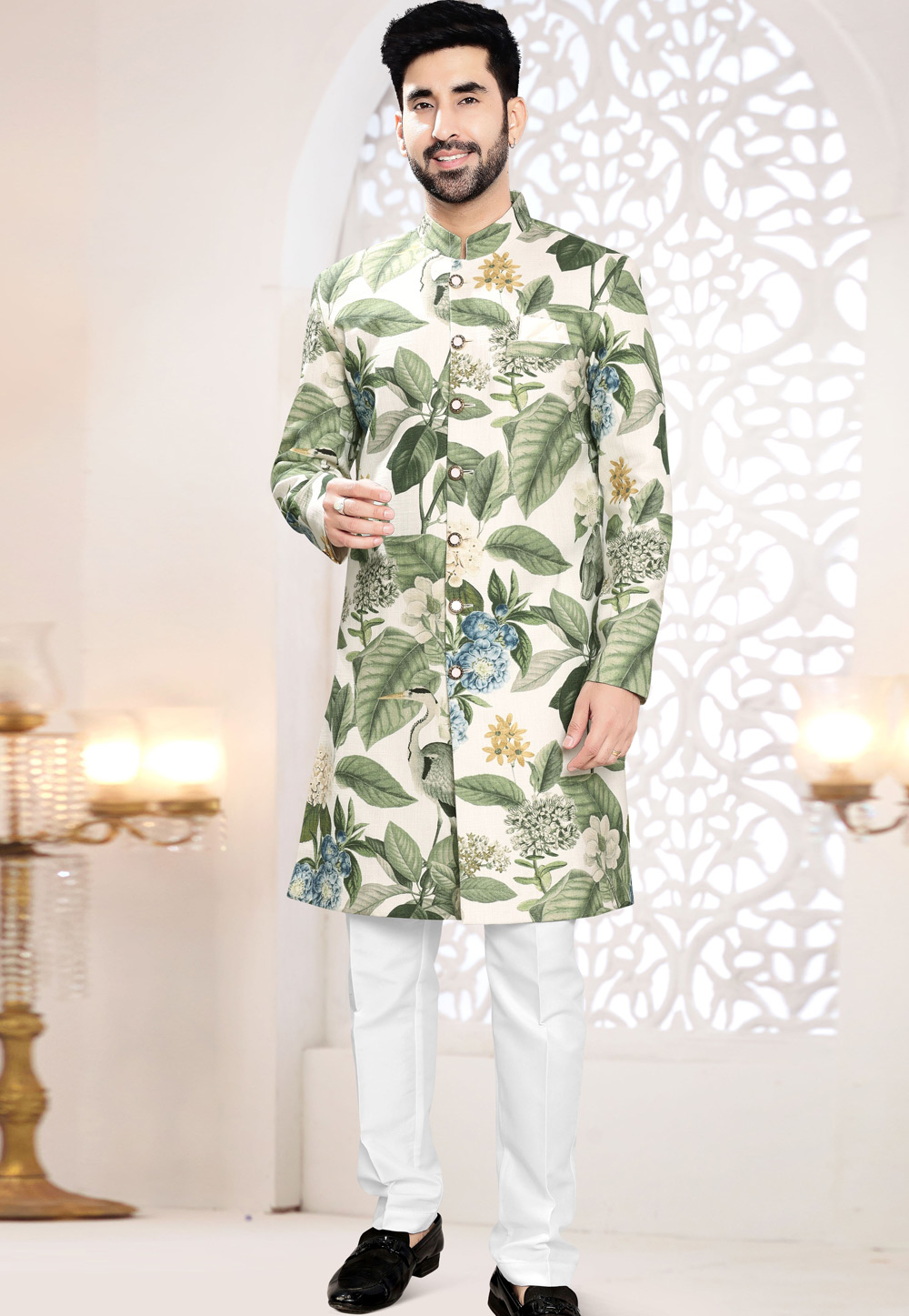 Cream Linen Indo Western Suit 306445