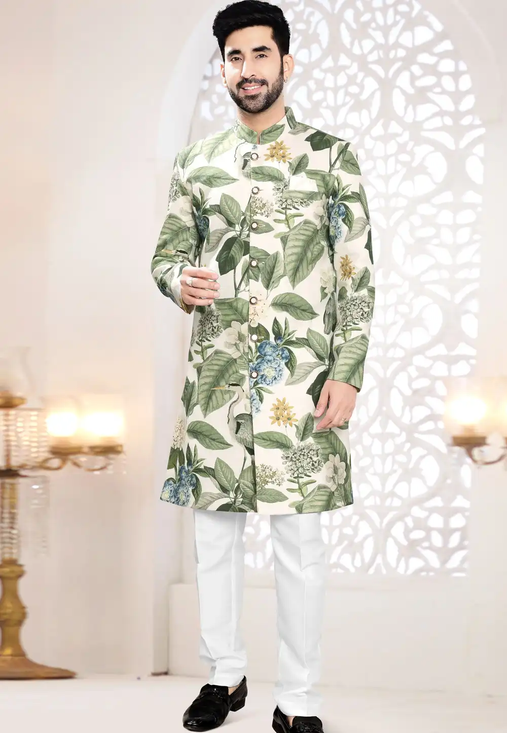 Cream Linen Indo Western Suit 306445