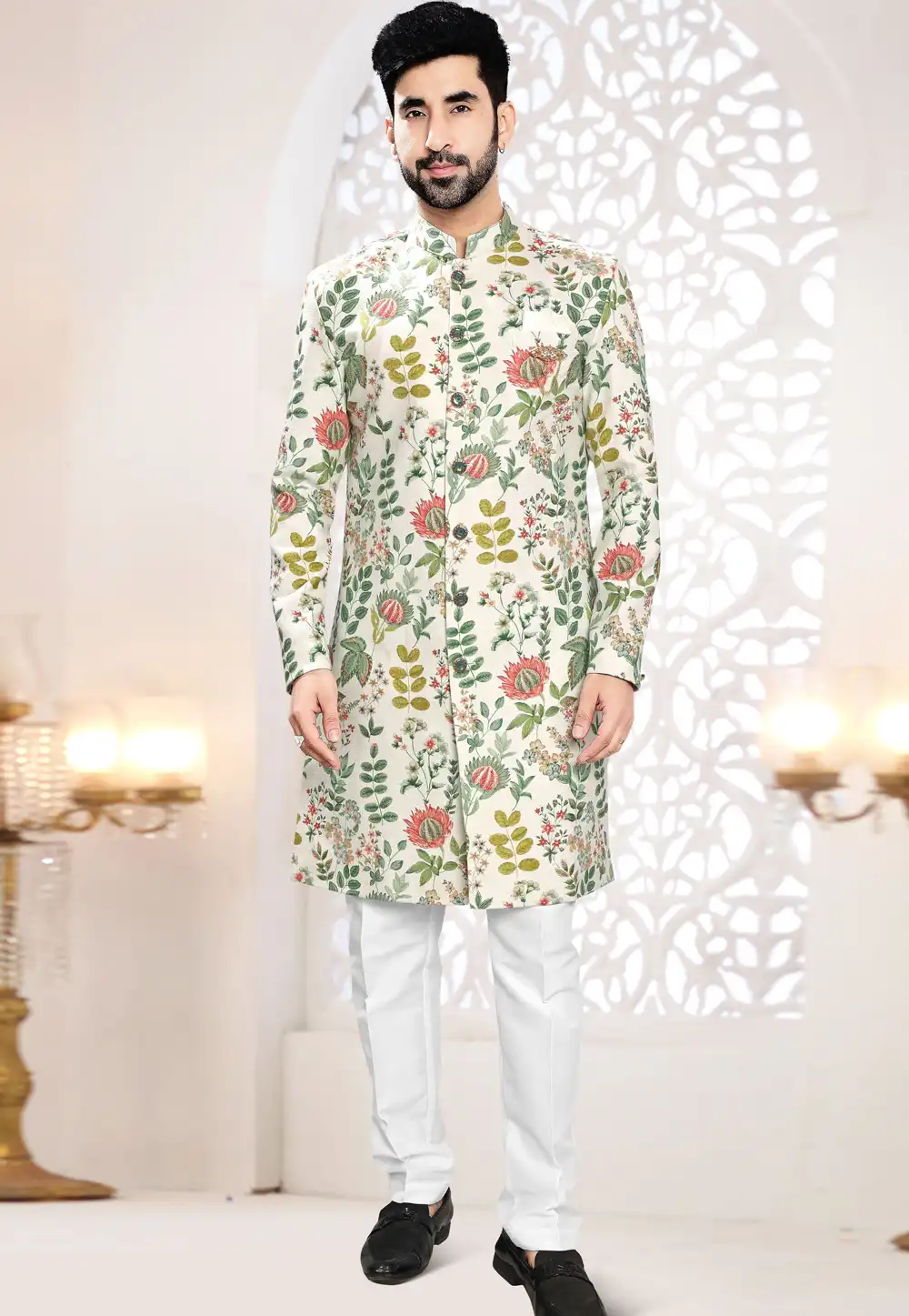 Cream Linen Indo Western Suit 306447