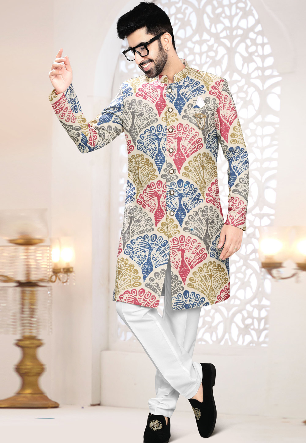 Cream Linen Indo Western Suit 306451