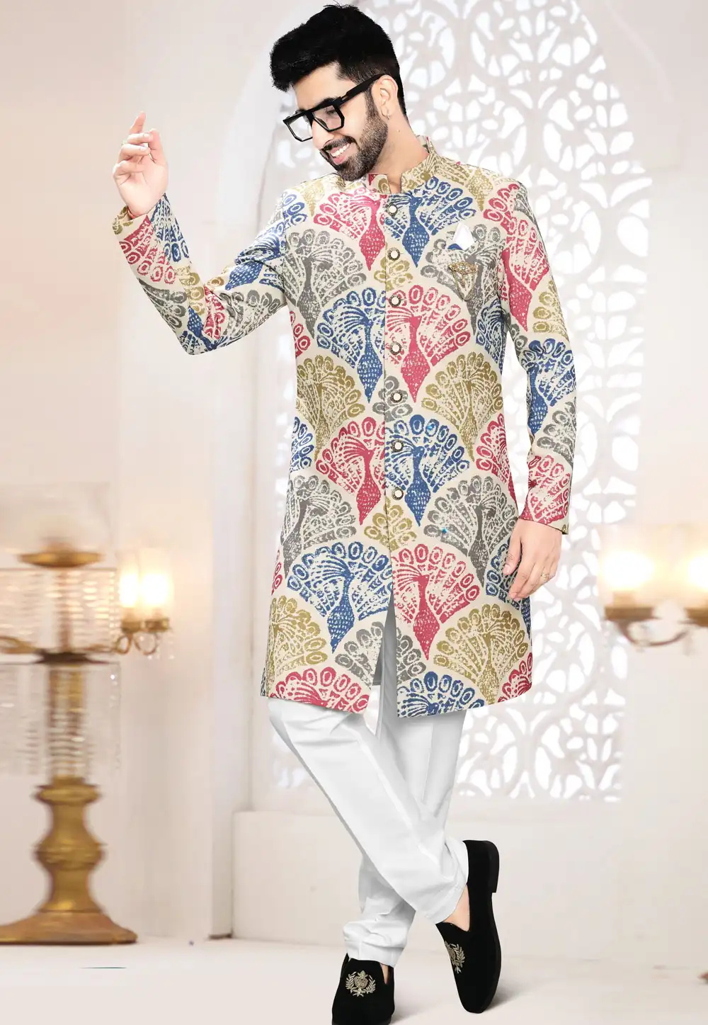 Cream Linen Indo Western Suit 306451