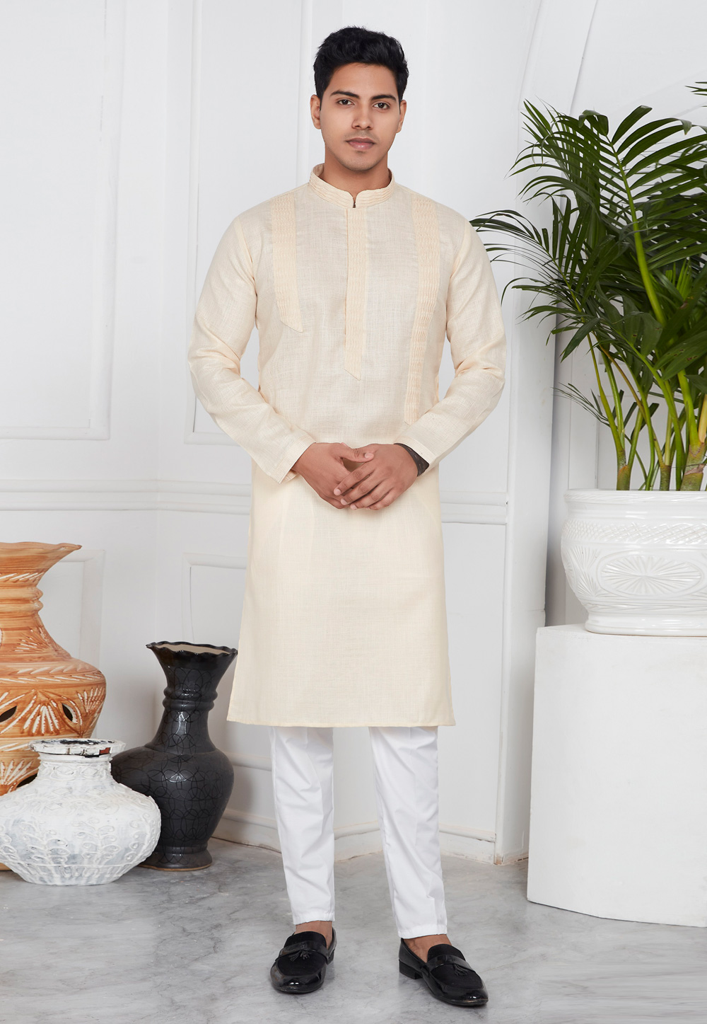 Cream Linen Kurta Pajama 283365
