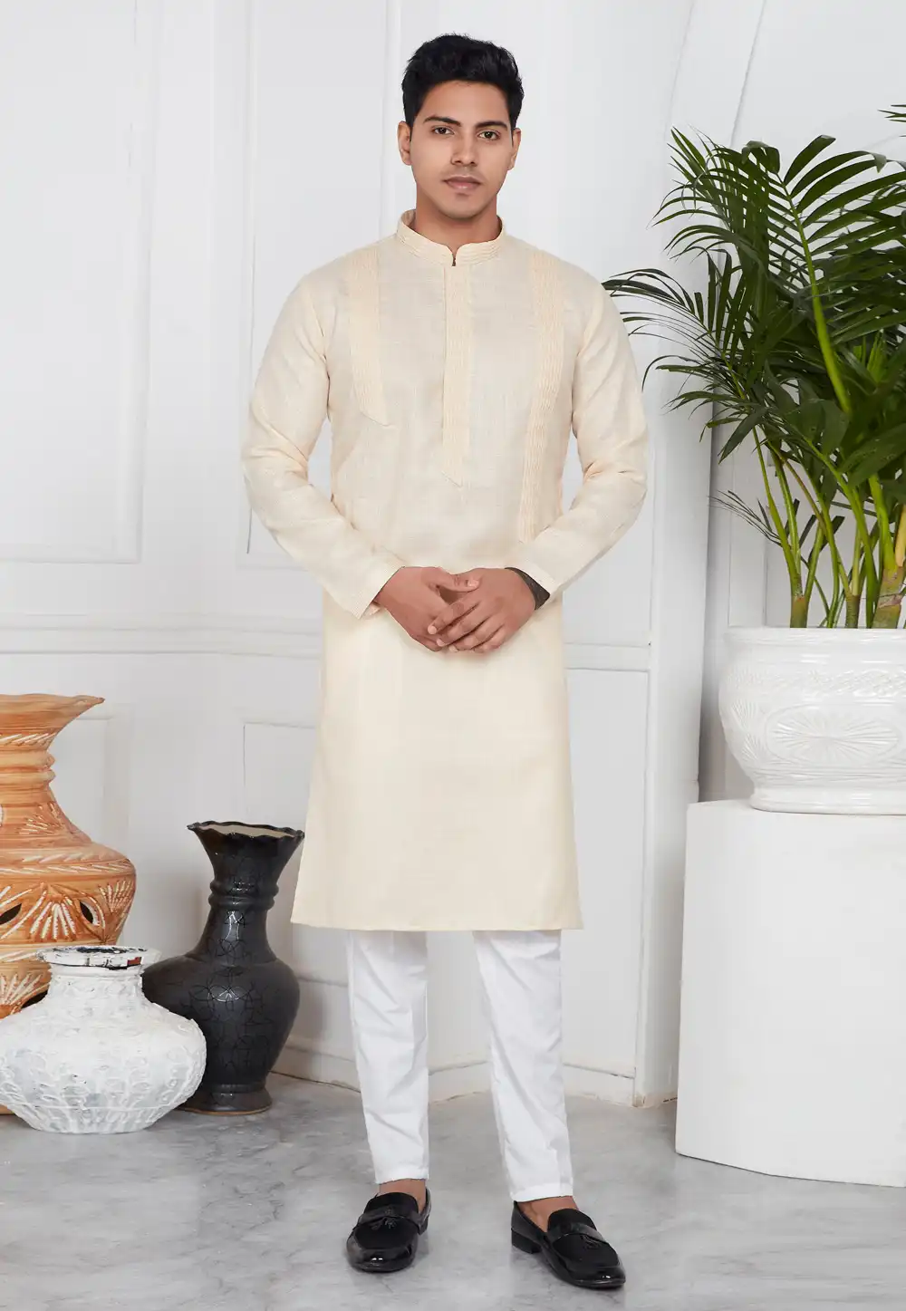 Cream Linen Kurta Pajama 283365