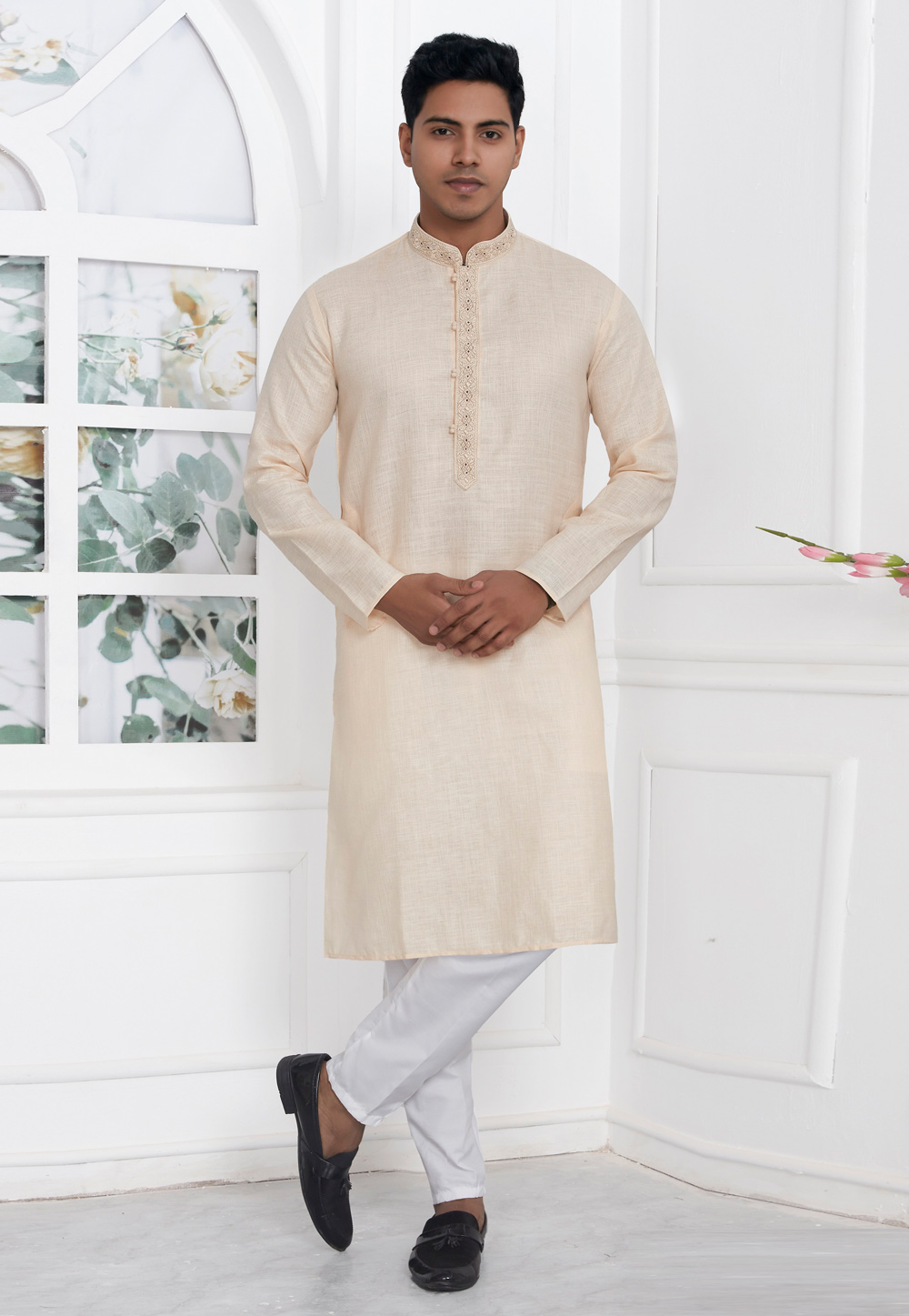 Cream Linen Kurta Pajama 283358