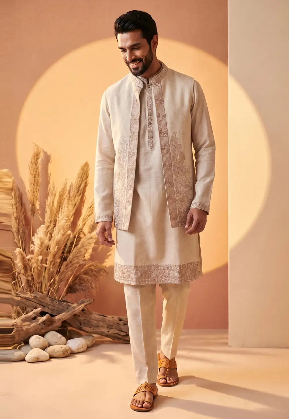 Cream Linen Kurta Pajama With Jacket 337187