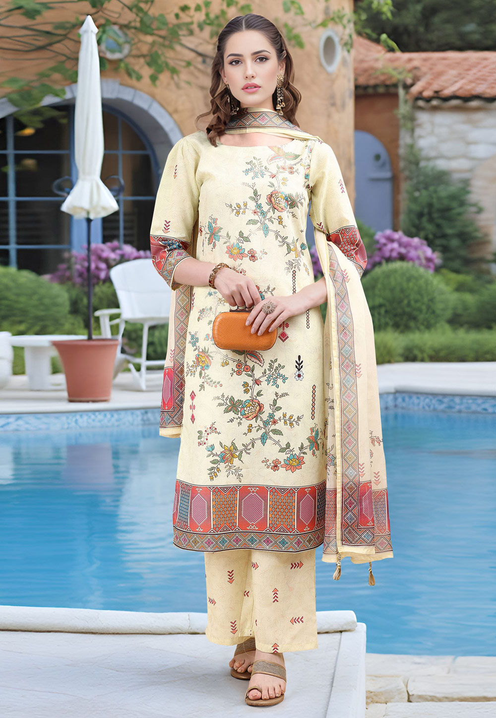 Cream Linen Readymade Pakistani Suit 319093