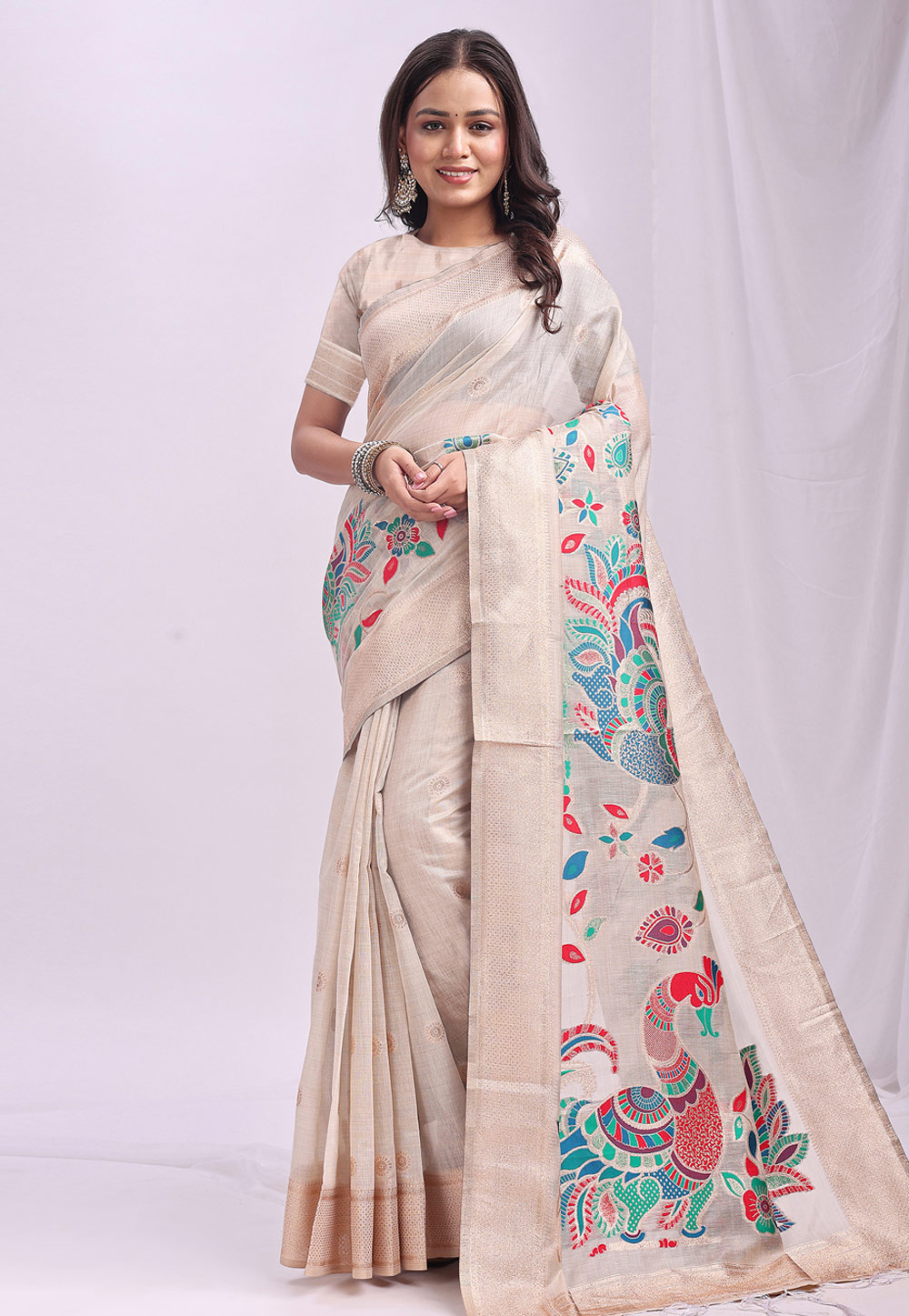 Cream Linen Saree With Blouse 312461