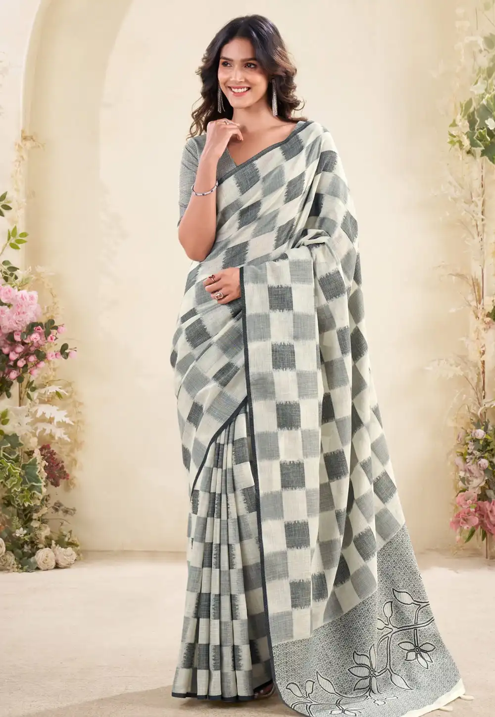 Cream Linen Saree With Blouse 316619