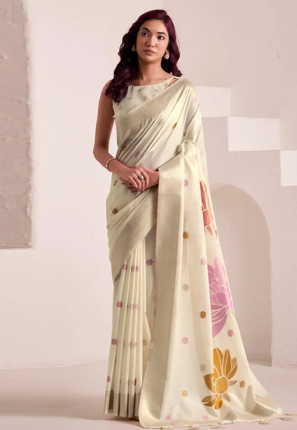 Cream Linen Saree With Blouse 316910