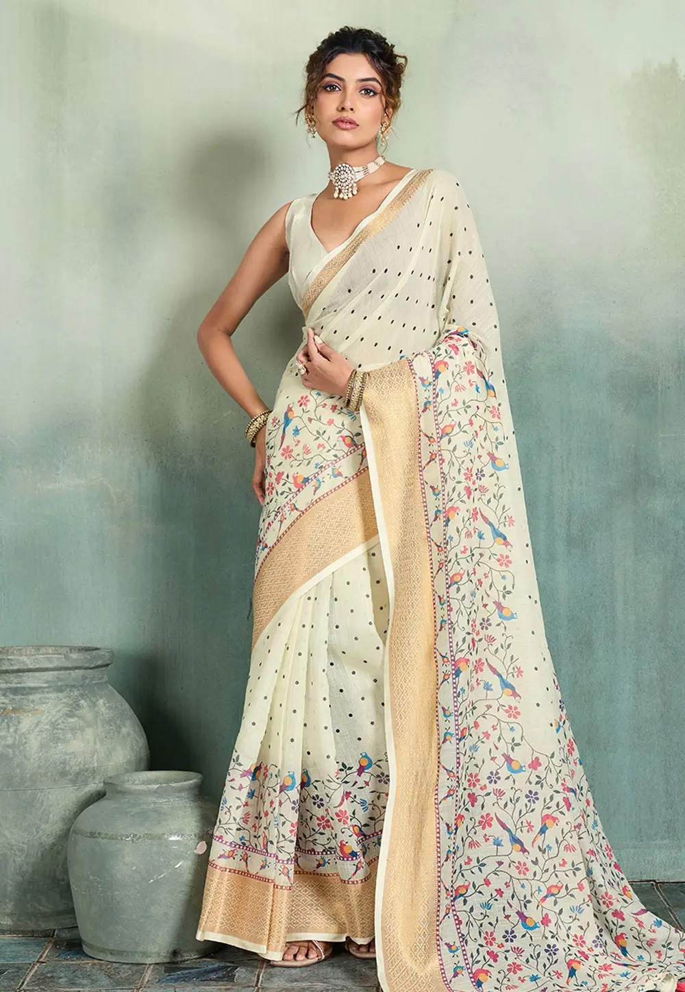 Cream Linen Saree With Blouse 334518