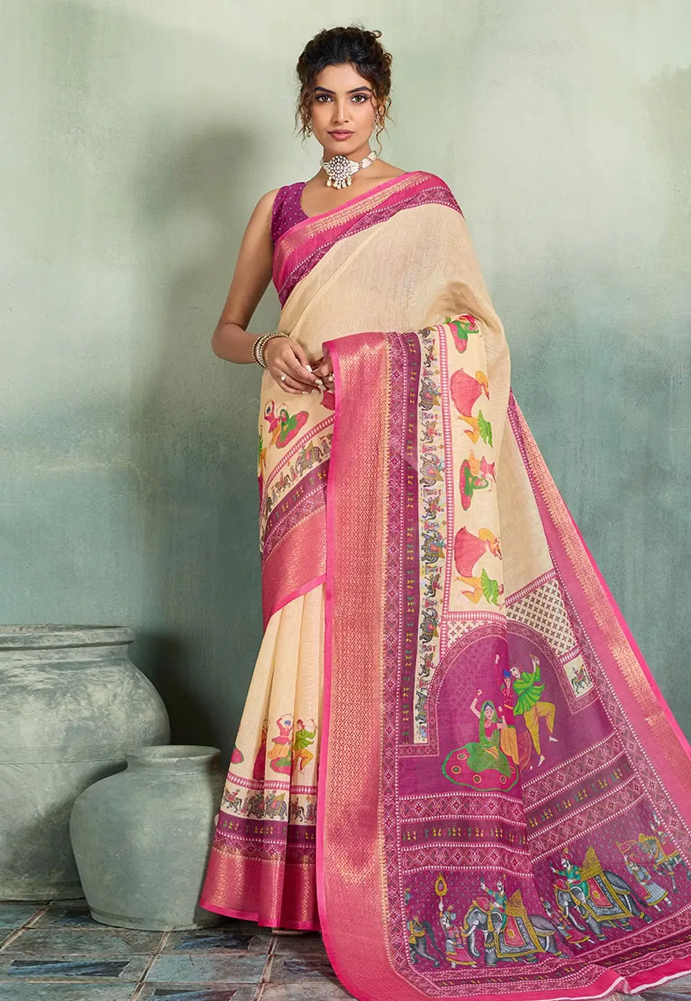 Cream Linen Saree With Blouse 334524