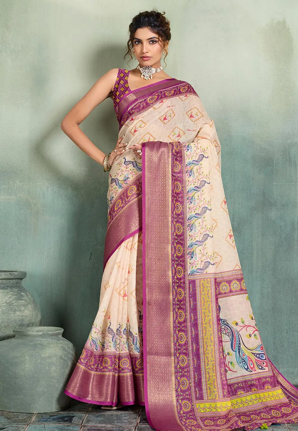 Cream Linen Saree With Blouse 334526