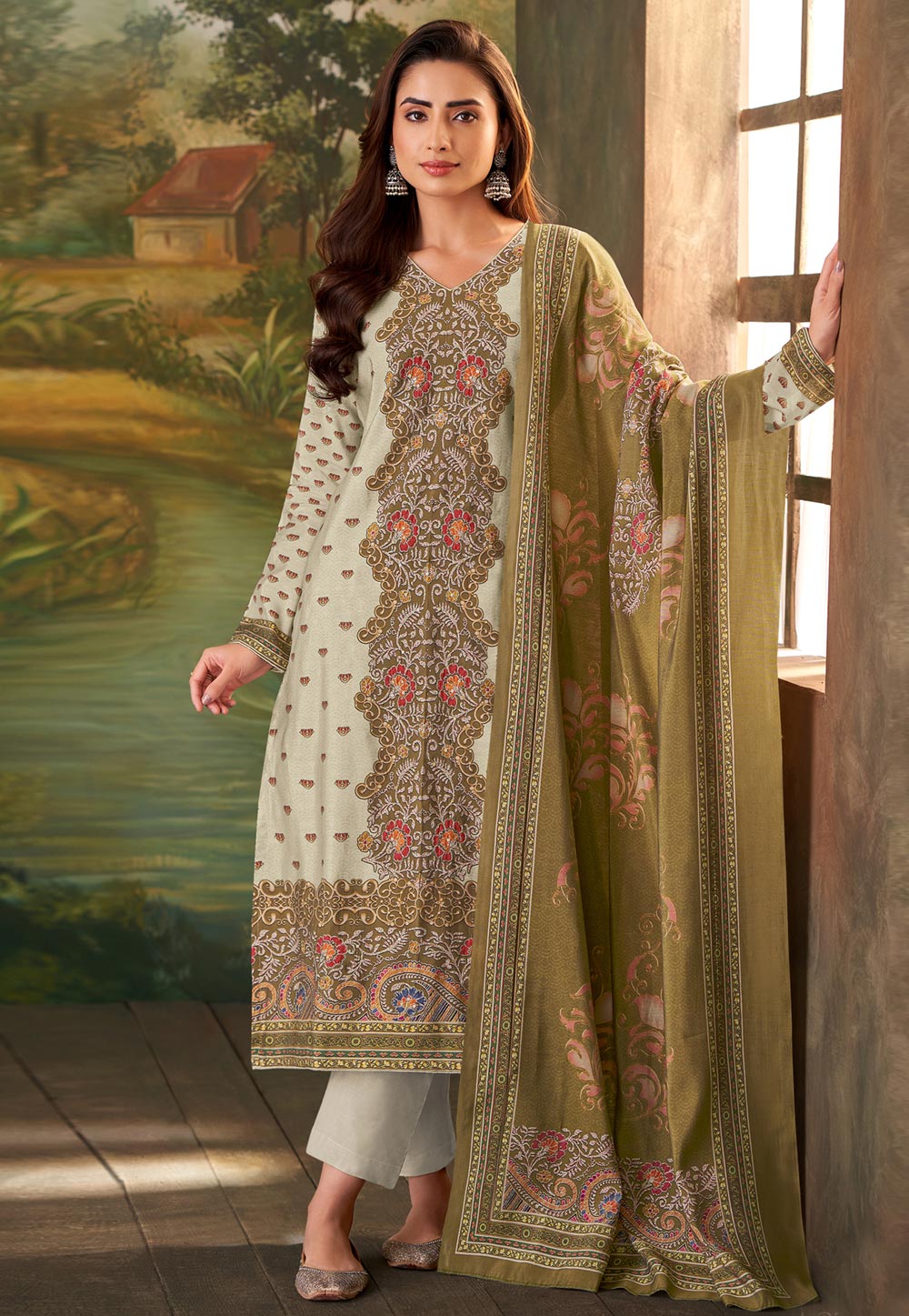 Cream Muslin Pakistani Suit 310164