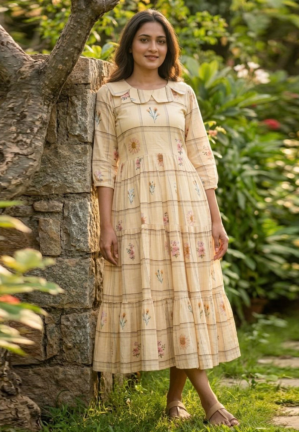 Cream Muslin Printed Gown 328244