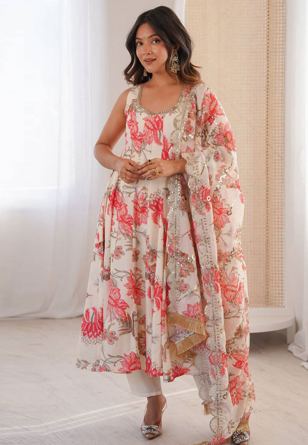 Cream Muslin Readymade Anarkali Suit 326783