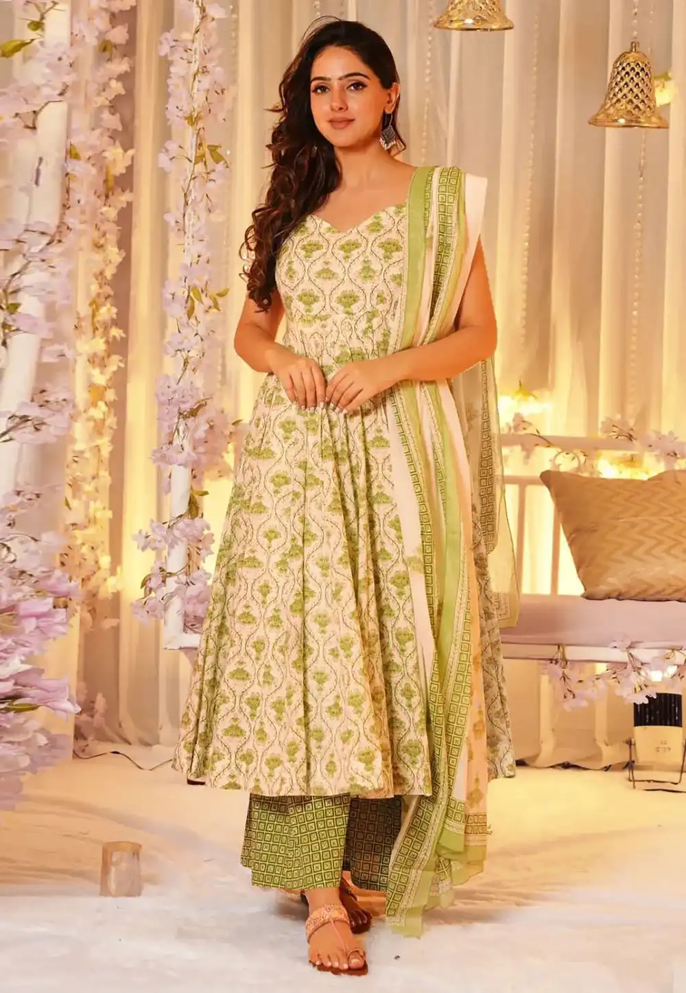 Cream Muslin Readymade Palazzo Suit 307442