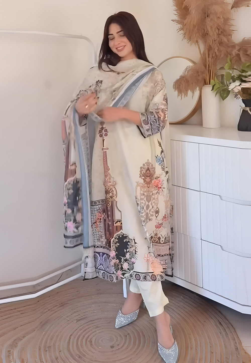 Cream Muslin Readymade Pant Style Suit 306915