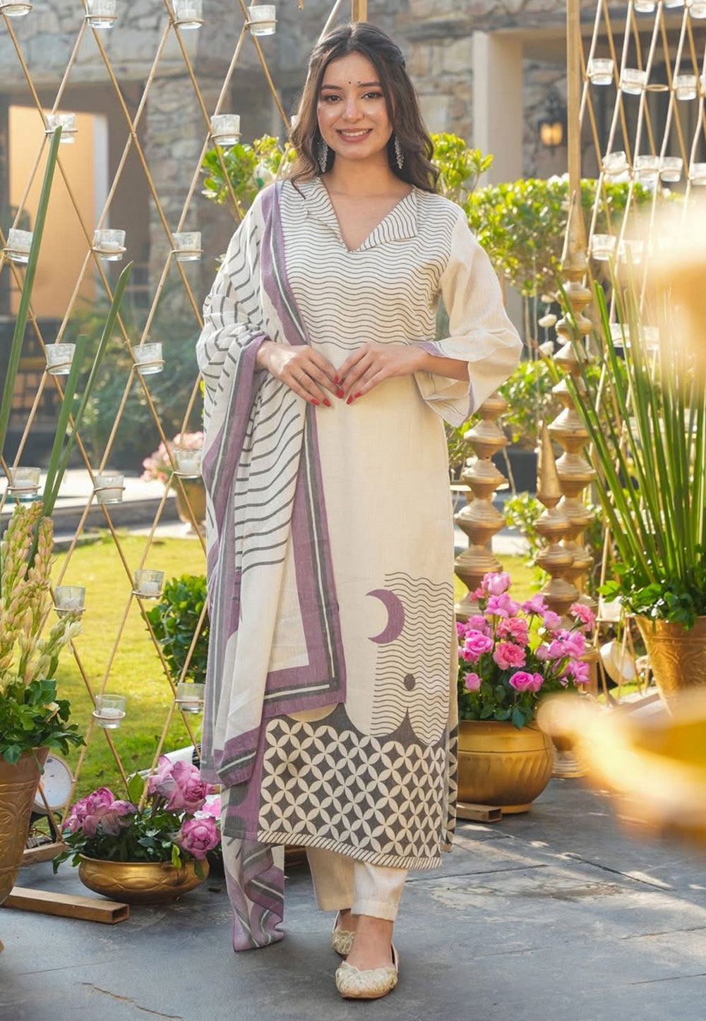 Cream Muslin Readymade Pant Style Suit 328016