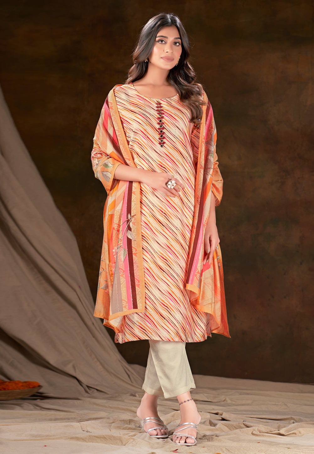 Cream Muslin Readymade Pant Style Suit 281875