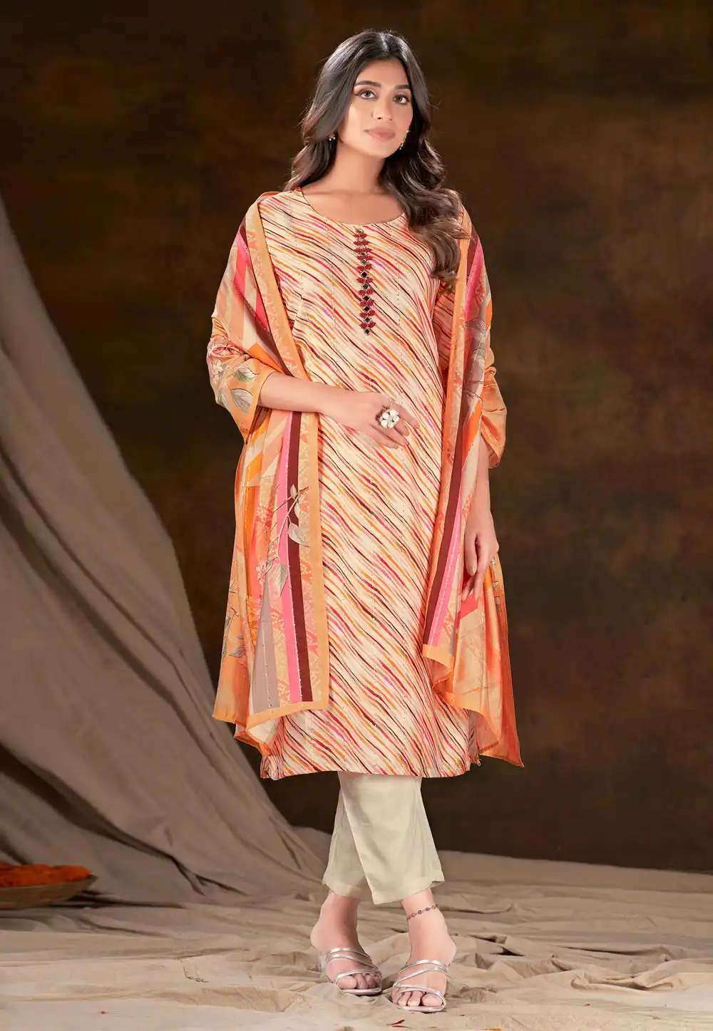 Cream Muslin Readymade Pant Style Suit 281875