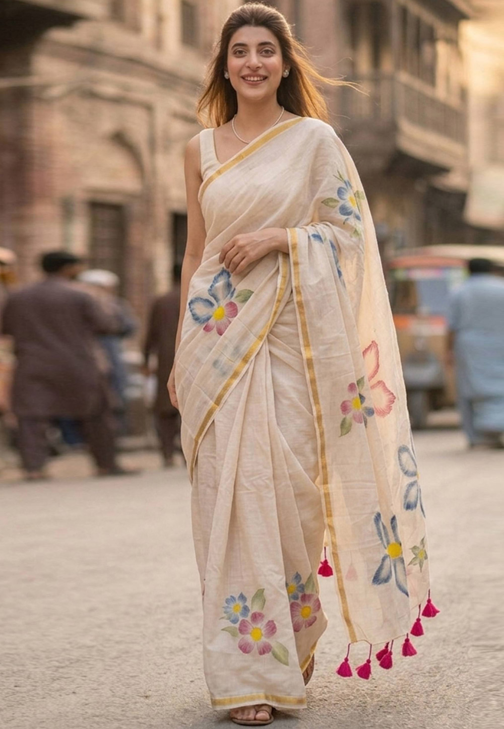 Cream Muslin Saree With Blouse 328983