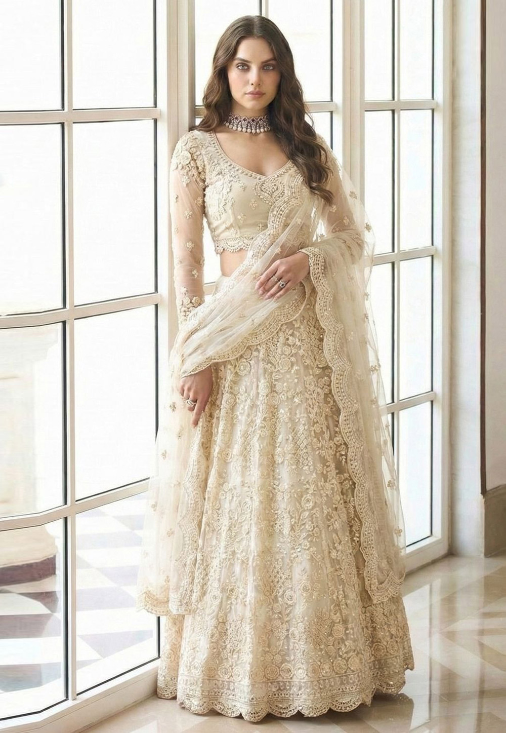 Cream Net A Line Lehenga Choli 322979