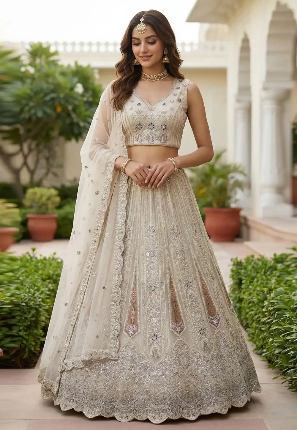 Cream Net A Line Lehenga Choli 320999