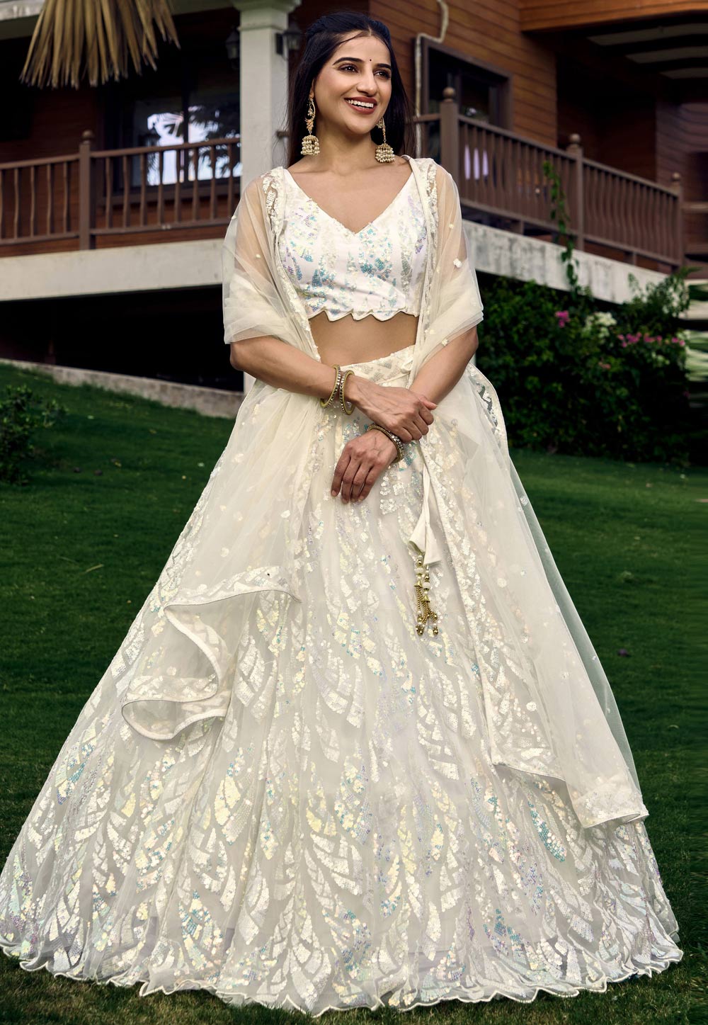 Cream Net Circular Lehenga Choli 284841