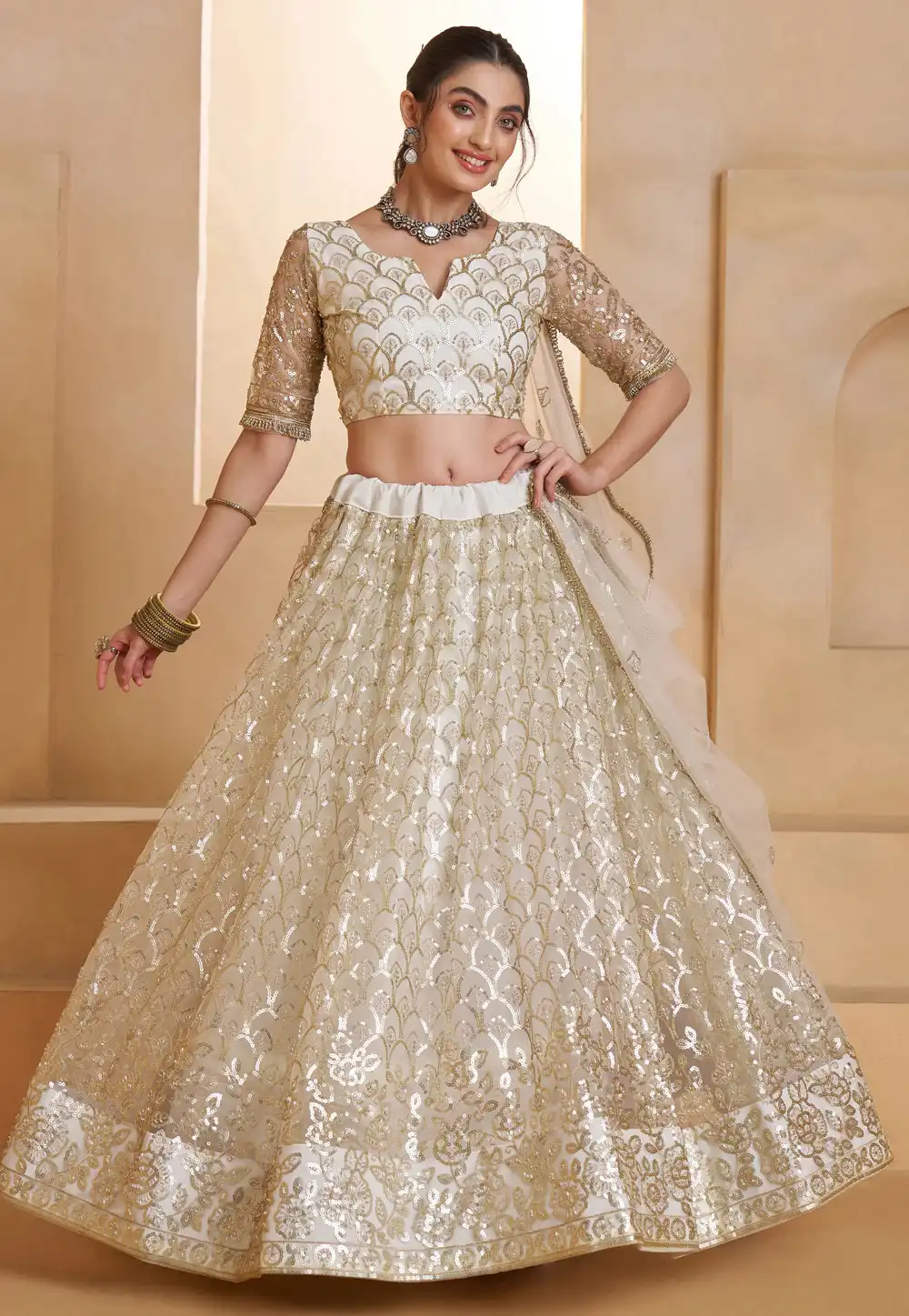 Cream Net Lehenga Choli 325766
