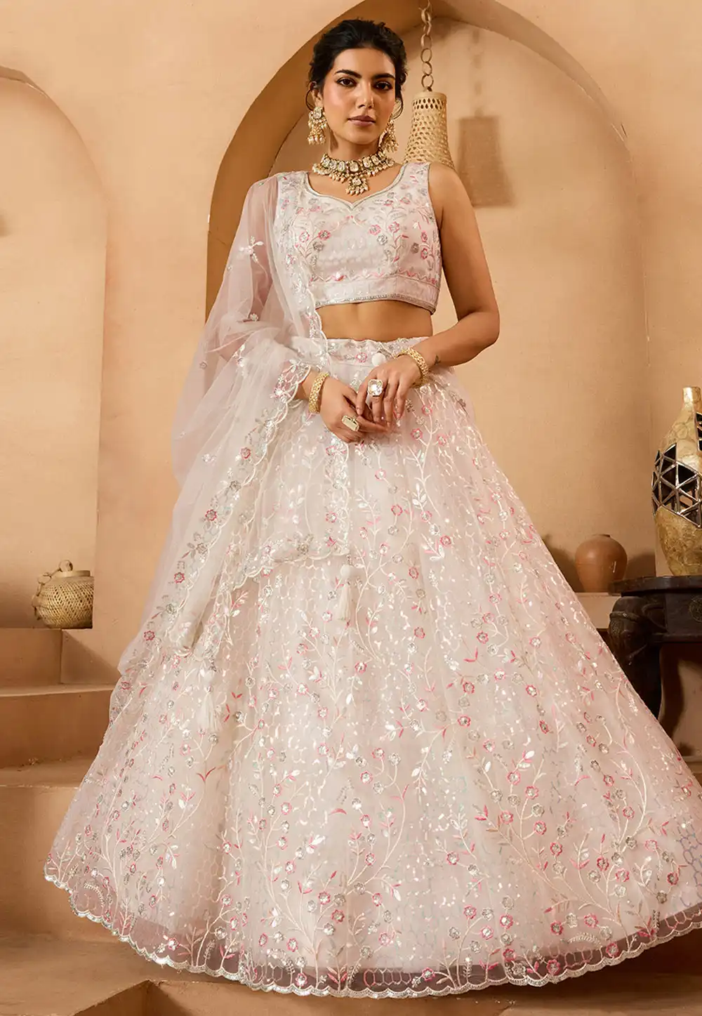 Cream Net Lehenga Choli For Wedding 318117