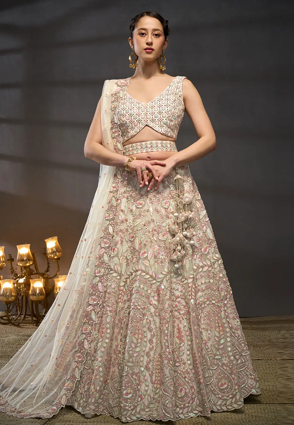 Cream Net Lehenga Choli For Wedding 333716