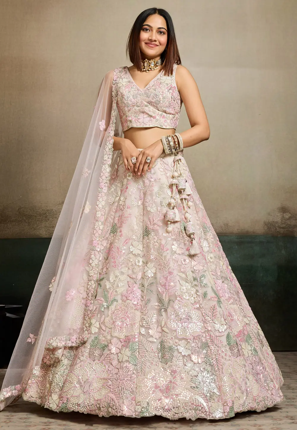 Cream Net Lehenga Choli For Wedding 333722