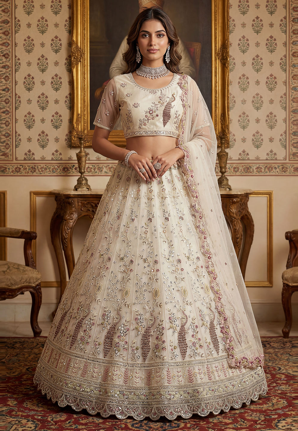 Cream Net Lehenga Choli For Wedding 323521