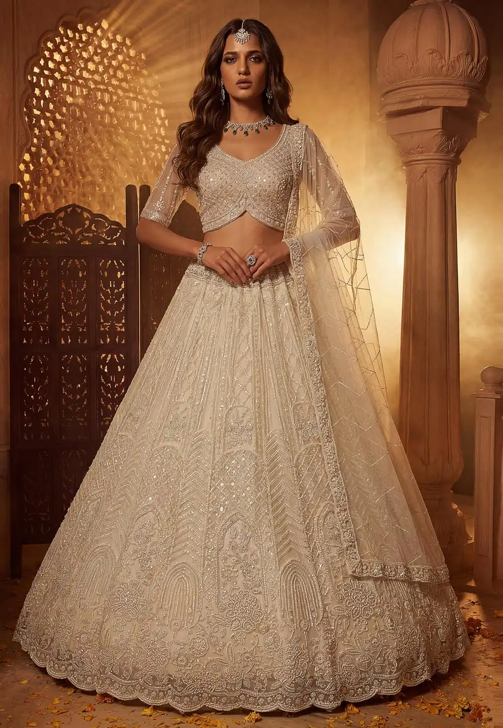 Cream Net Lehenga Choli For Wedding 330170