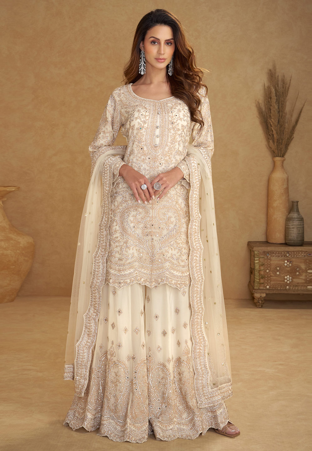 Cream Net Palazzo Suit 322724