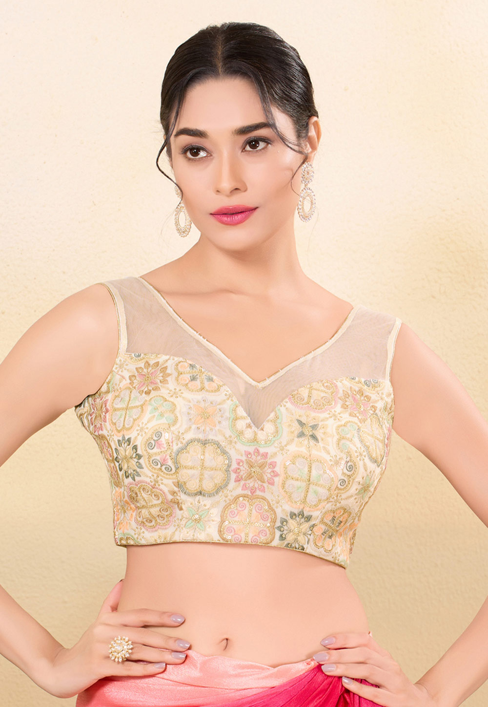 Cream Net Readymade Blouse 325796