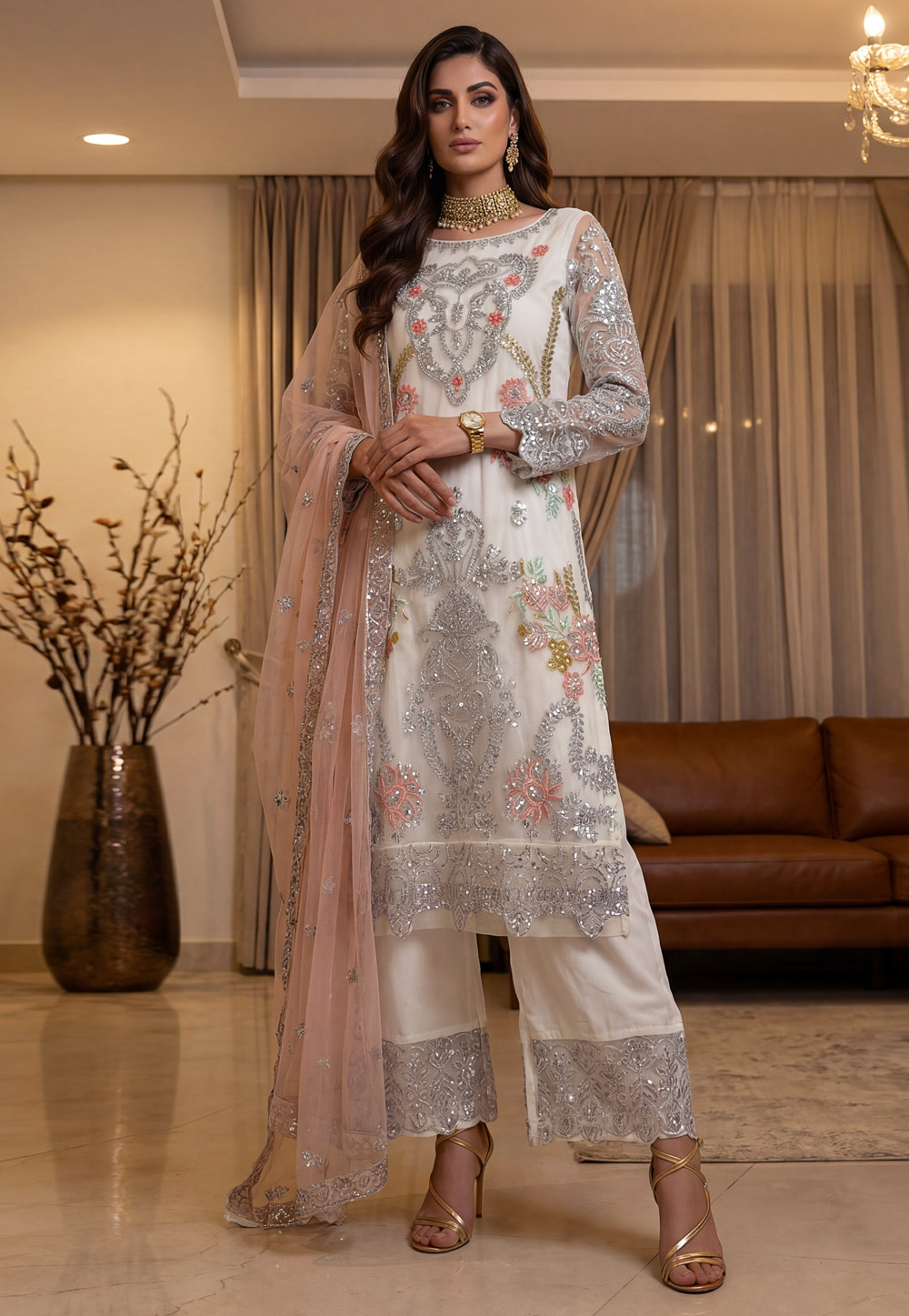 Cream Net Readymade Palazzo Suit 325968