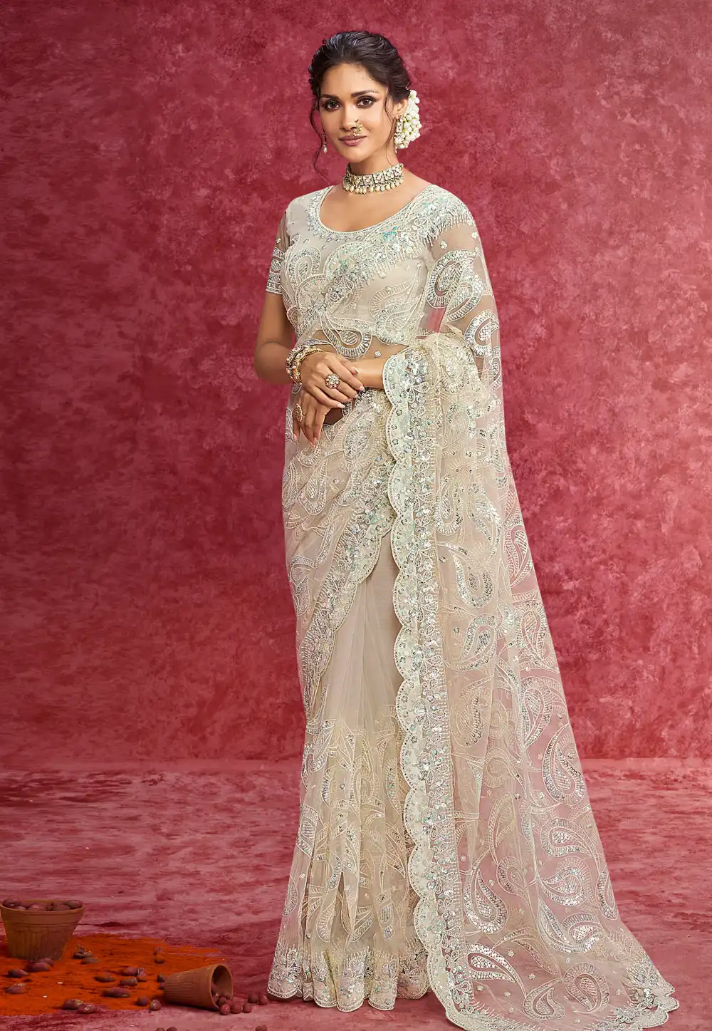 Cream Net Saree With Blouse 317259