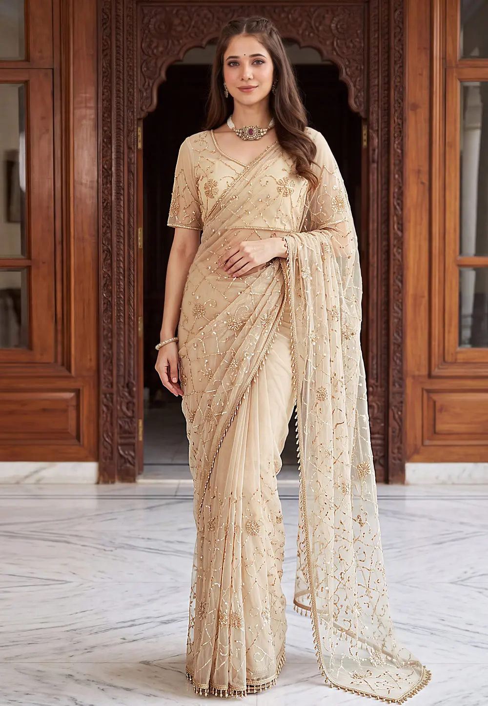 Cream Net Saree With Blouse 331765