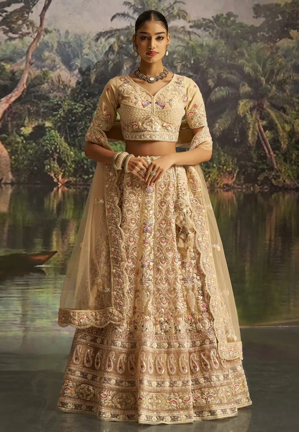 Cream Net Wedding Lehenga Choli 316377