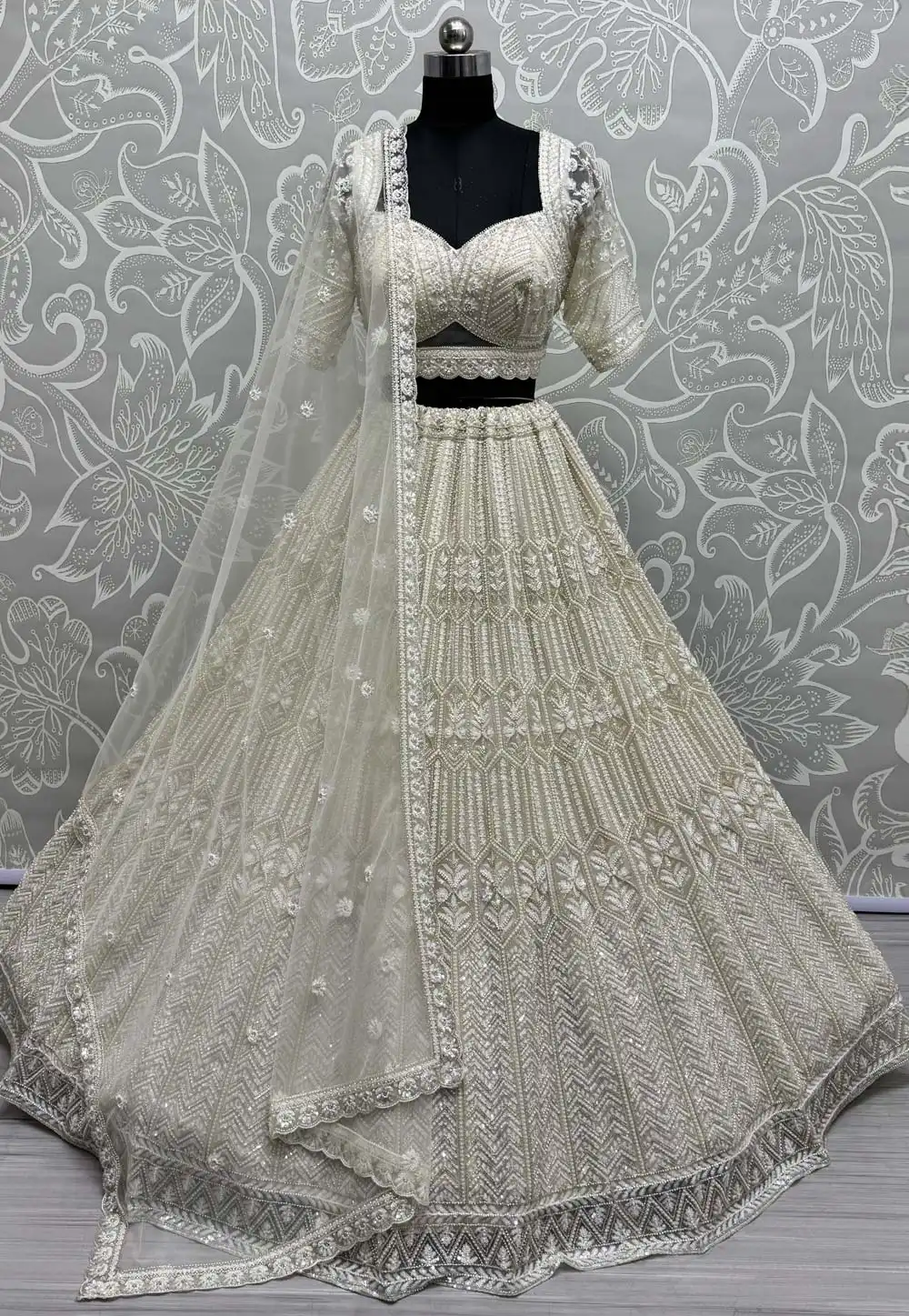 Cream Net Wedding Lehenga Choli 310331