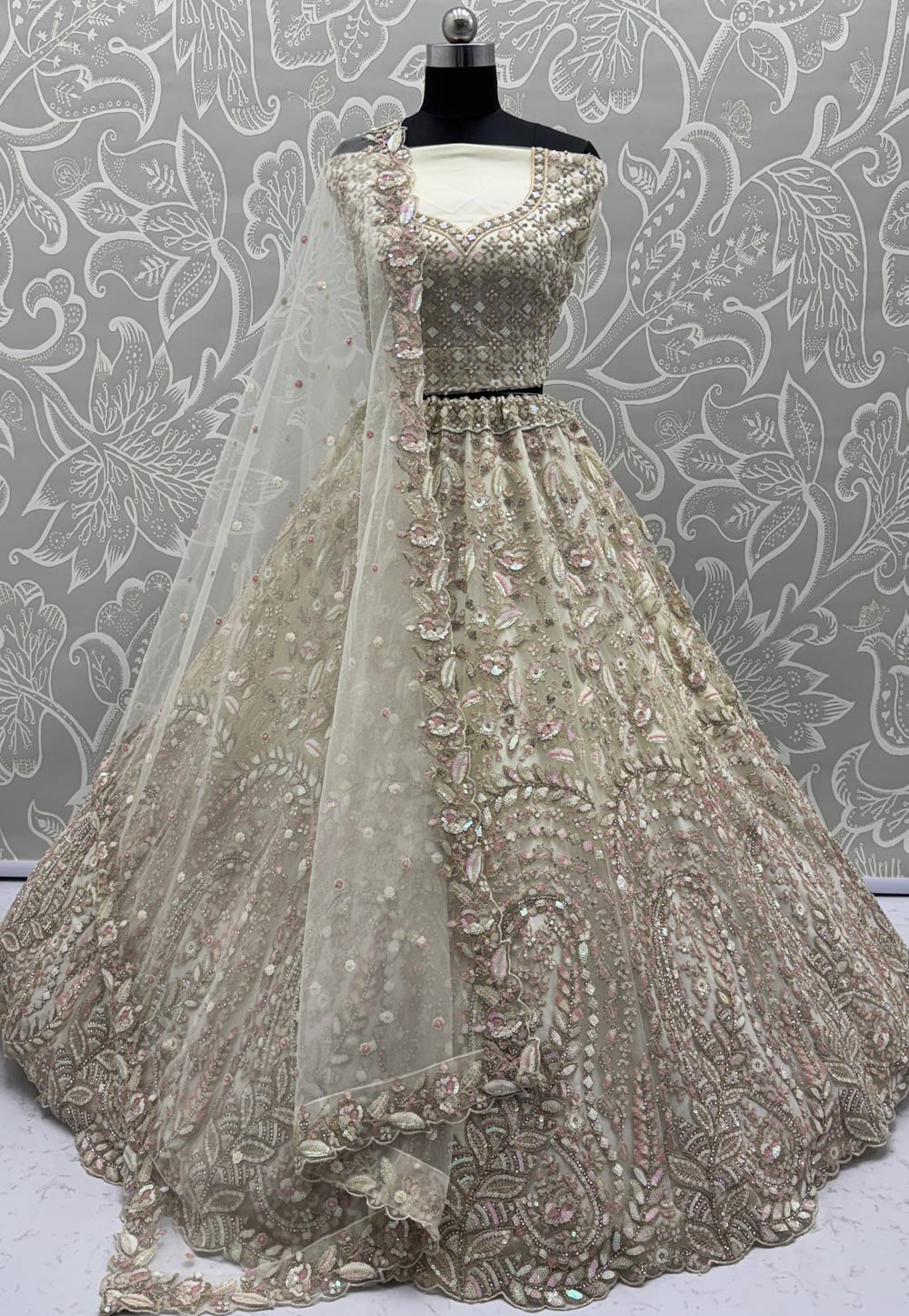 Cream Net Wedding Lehenga Choli 312093
