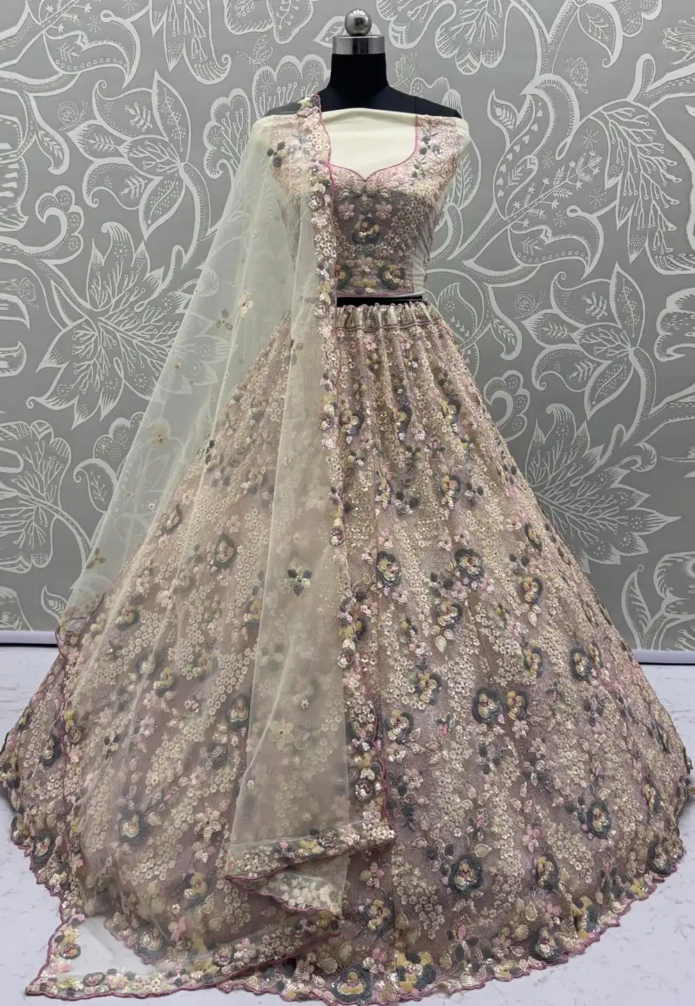Cream Net Wedding Lehenga Choli 316230