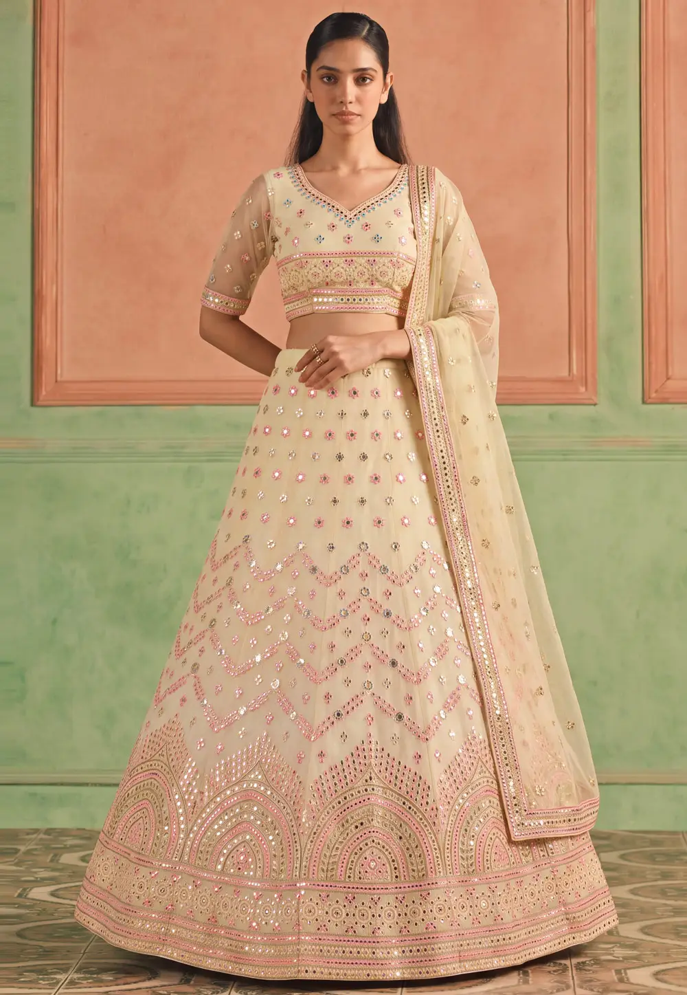 Cream Organza A Line Lehenga Choli 335661